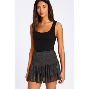 Zara Women's‎ L Mini Skirt Metallic Thread Silver Pull Smocked Boho Sheer Hem